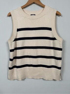 Lands' End Sleeveless Crewneck Sweater with Navy Stripes Size M 100% Cotton